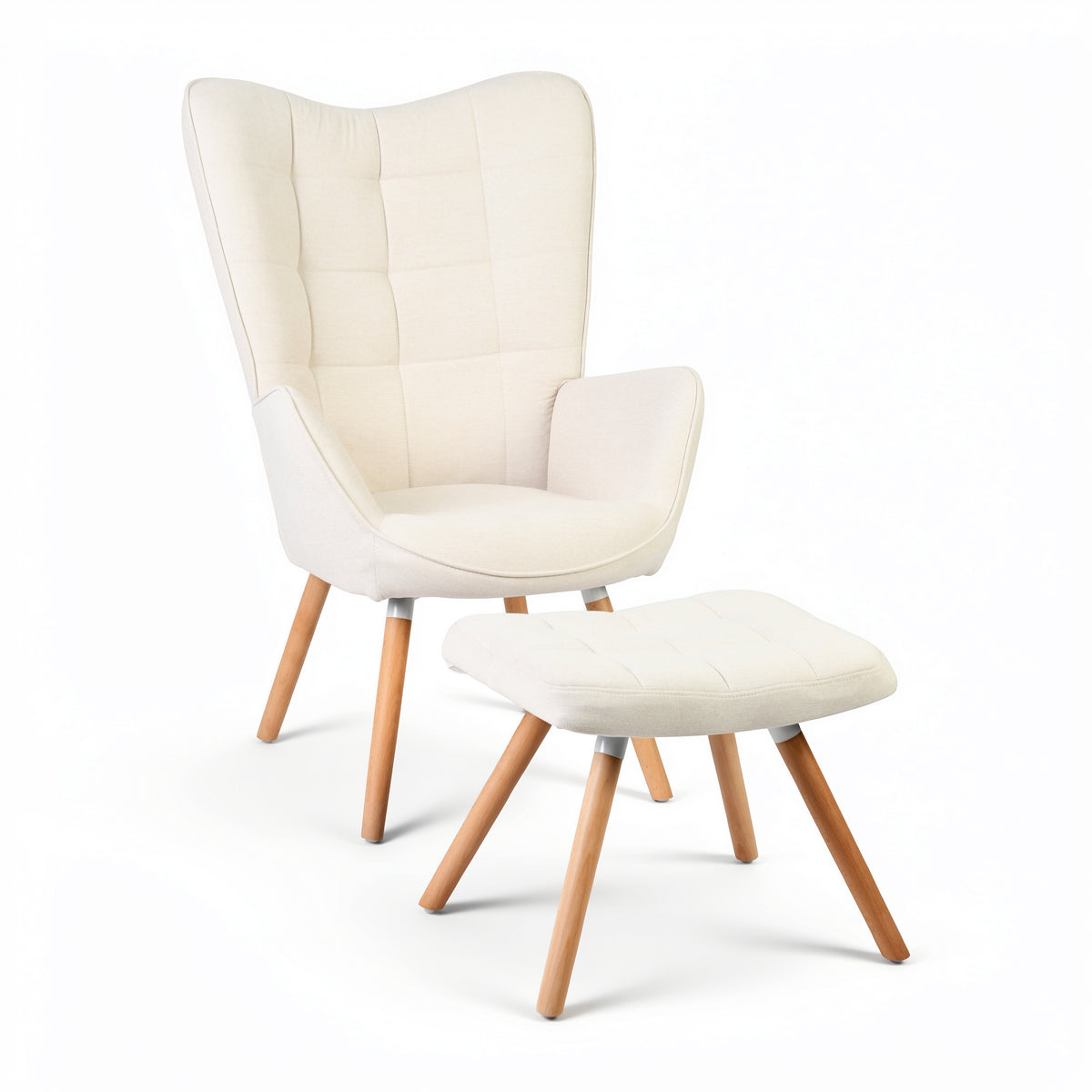 Harison Upholstered Wingback Accent Chair with Ottoman and Solid Beech Wood Legs