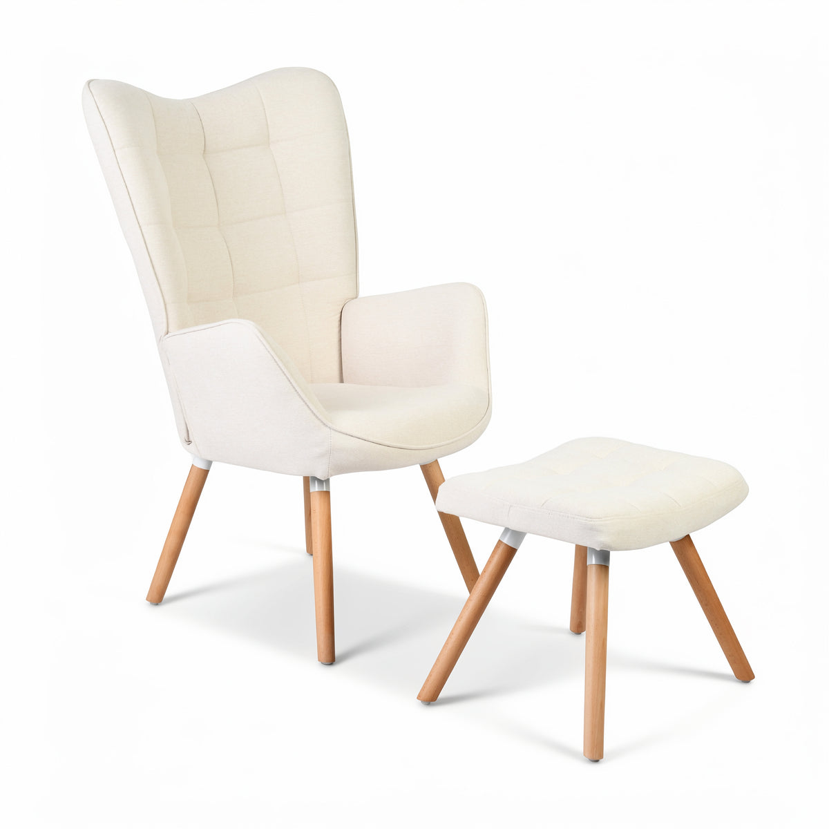 Harison Upholstered Wingback Accent Chair with Ottoman and Solid Beech Wood Legs
