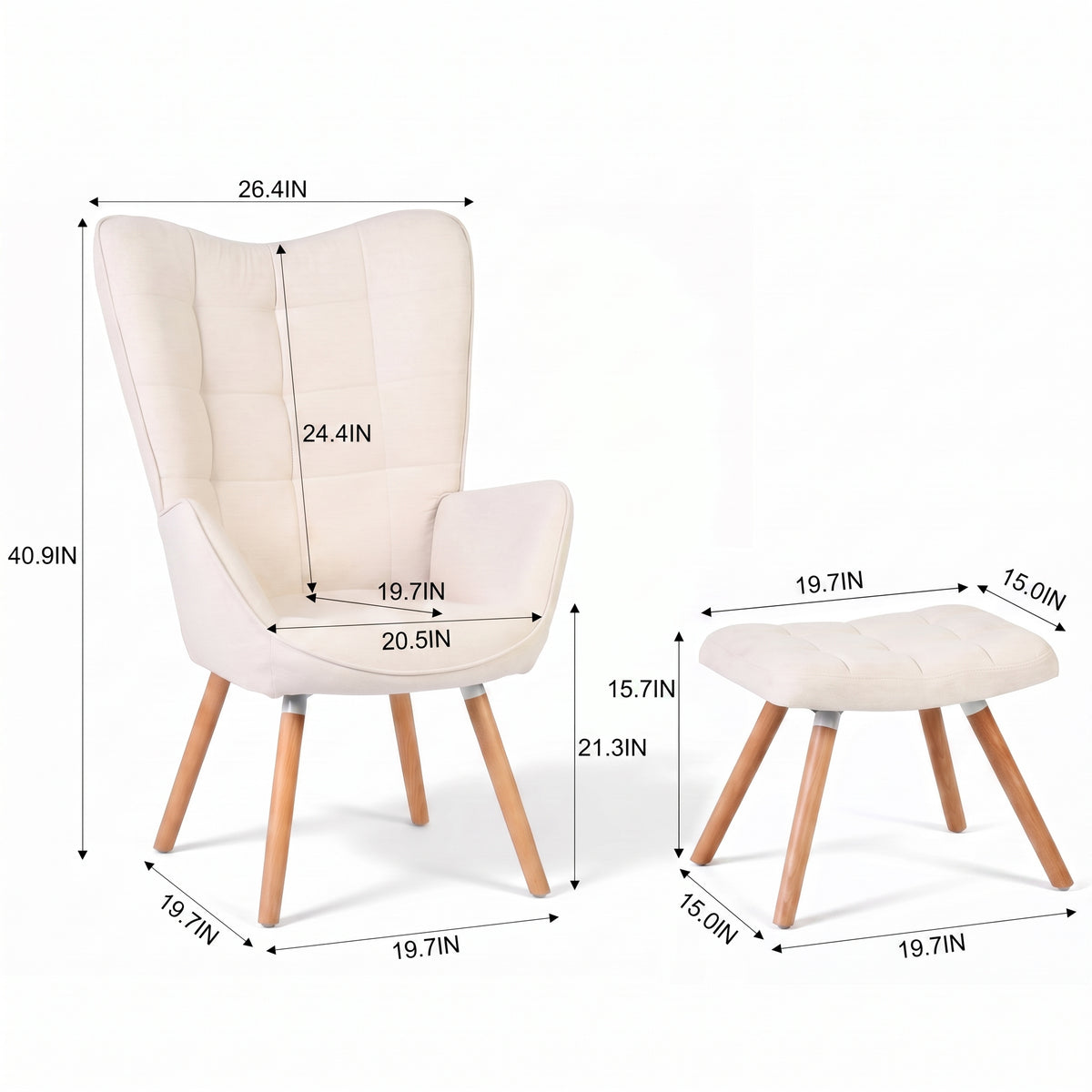 Harison Upholstered Wingback Accent Chair with Ottoman and Solid Beech Wood Legs
