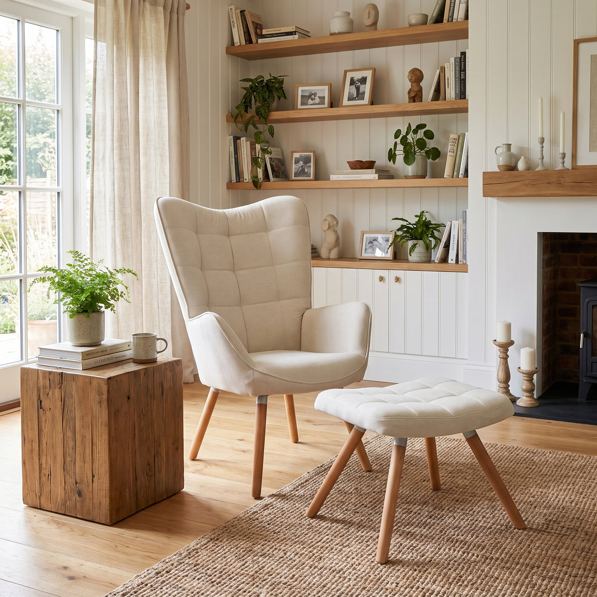 Homy Casa Harison Beige Fabric Accent Chair with Ottoman for Relaxed Seating