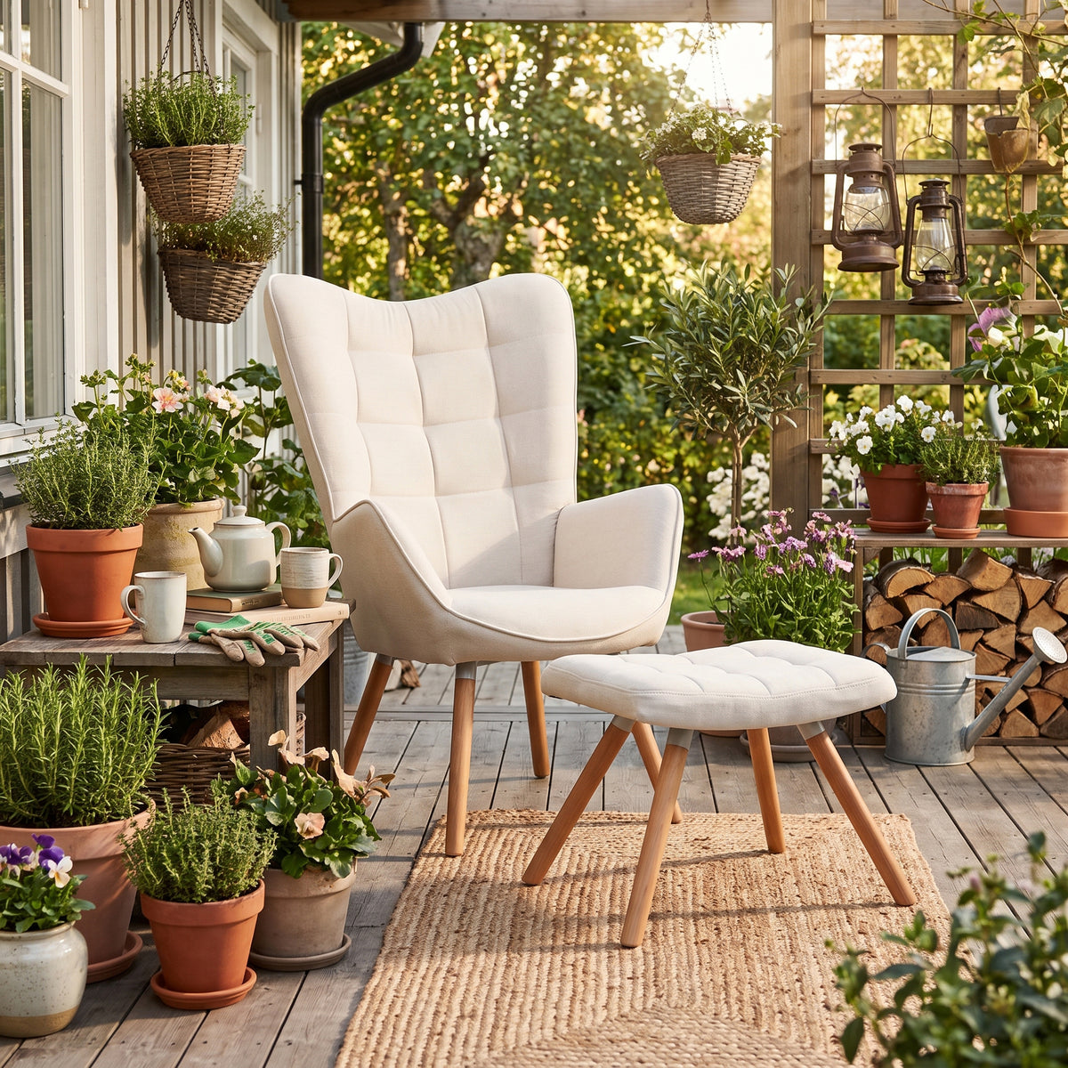 Homy Casa Harison Beige Fabric Accent Chair with Ottoman for Relaxed Seating