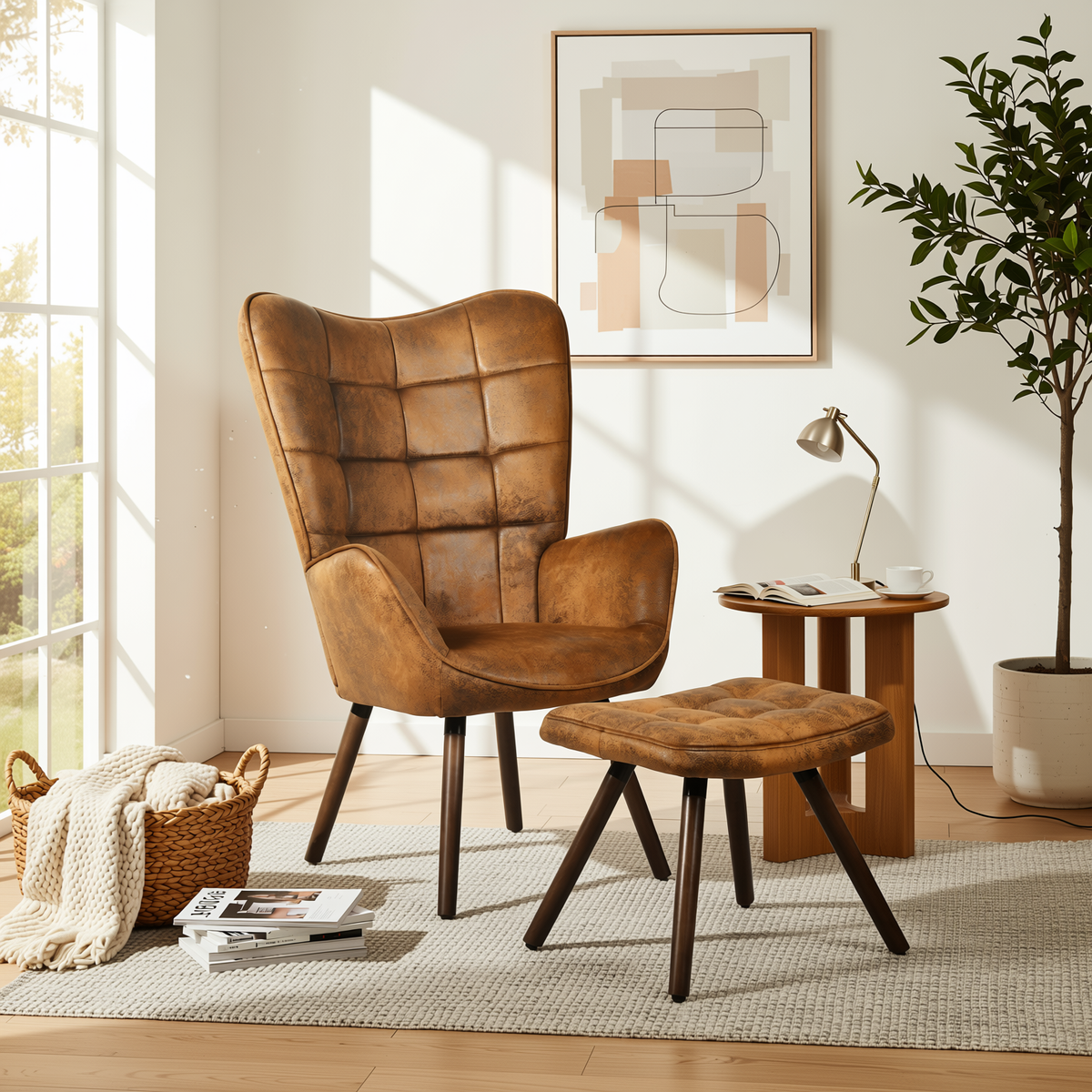 Homy Casa Harison Brown Suede Accent Chair with Ottoman for Living Room Seating