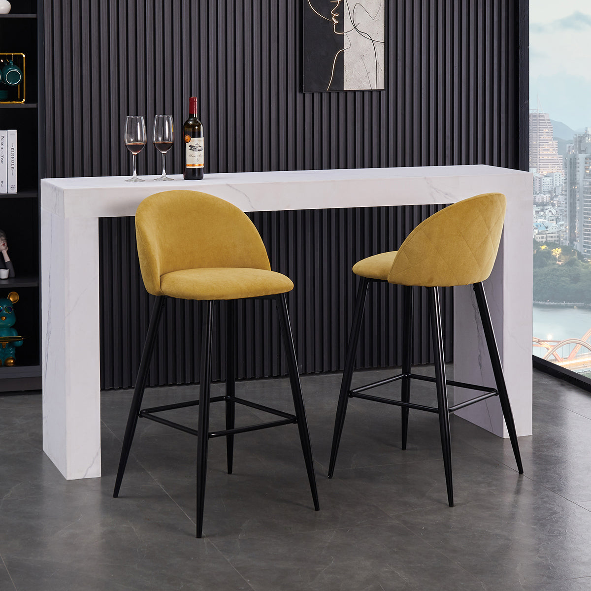 Homy Casa Haseeb 30" Bar Stool, Yellow Terry Fabric Upholstery with Black Metal Legs,Open Box
