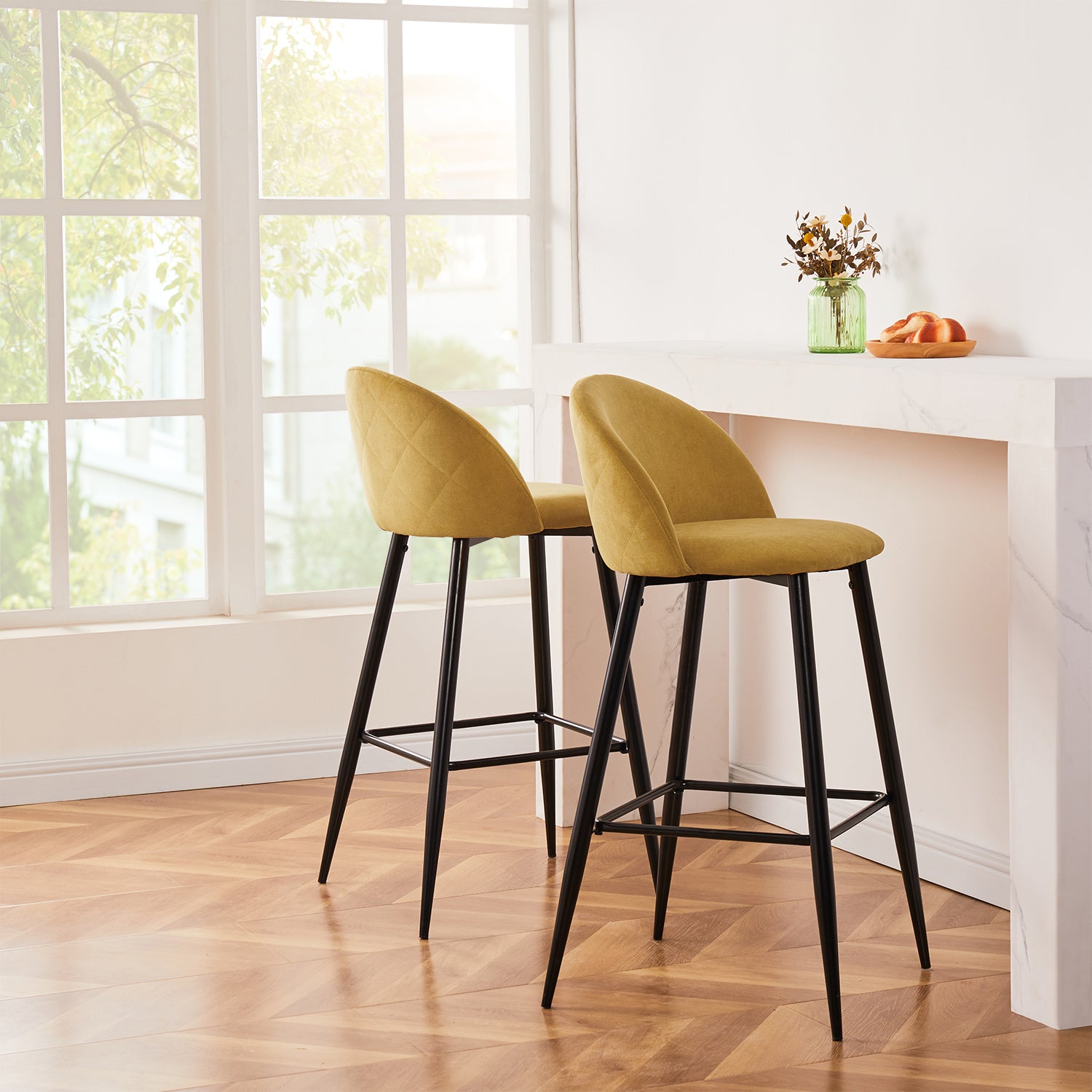 Homy Casa Haseeb 30" Bar Stool, Yellow Terry Fabric Upholstery with Black Metal Legs,Open Box
