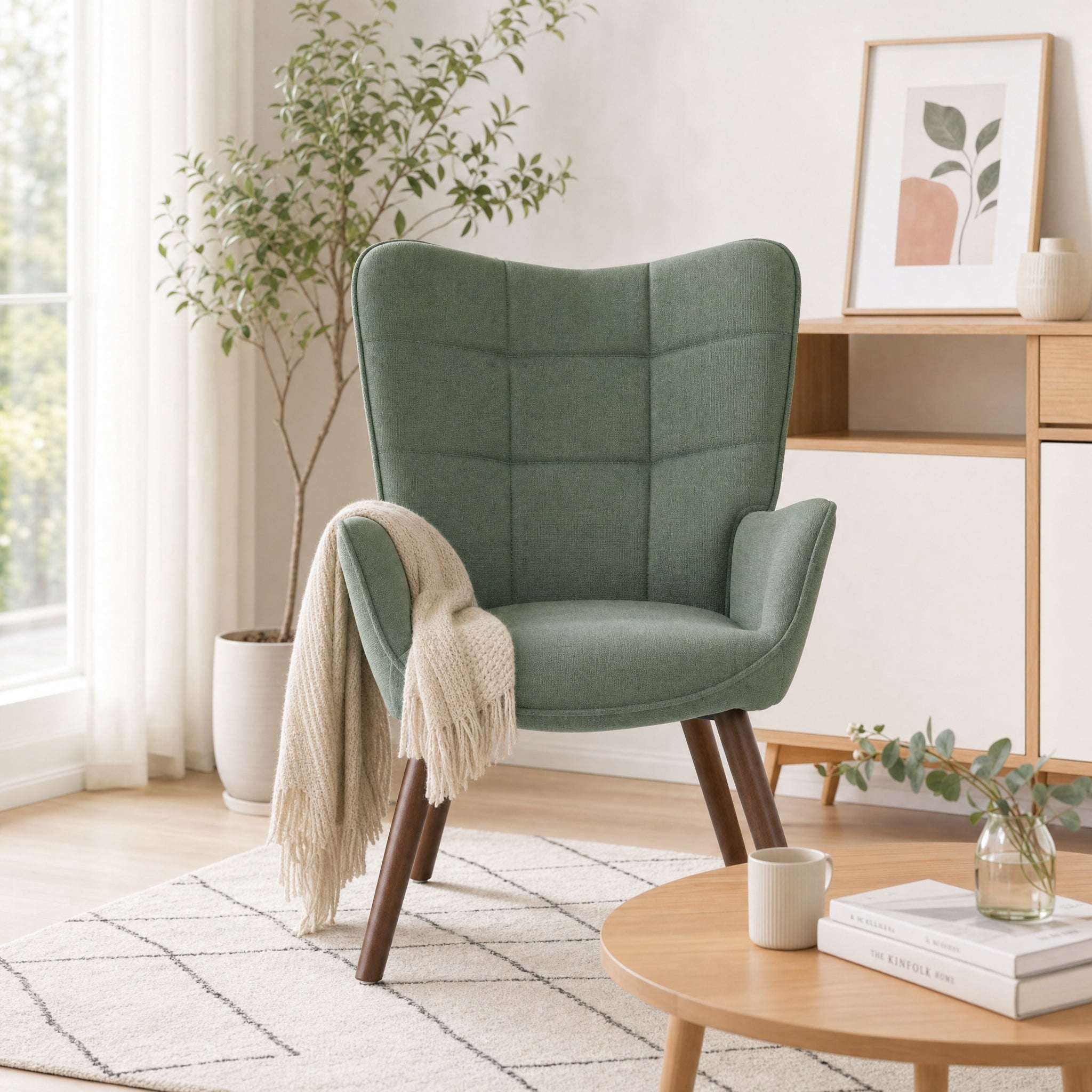 Homy Casa Kanas Green Walnut Leg Wingback Accent Chair