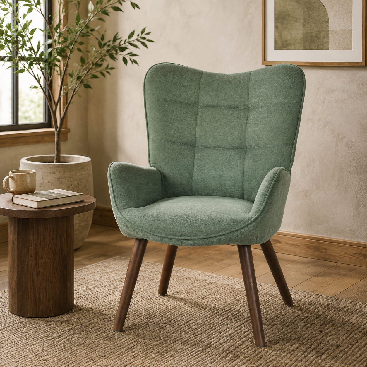 Homy Casa Kanas Green Walnut Leg Wingback Accent Chair