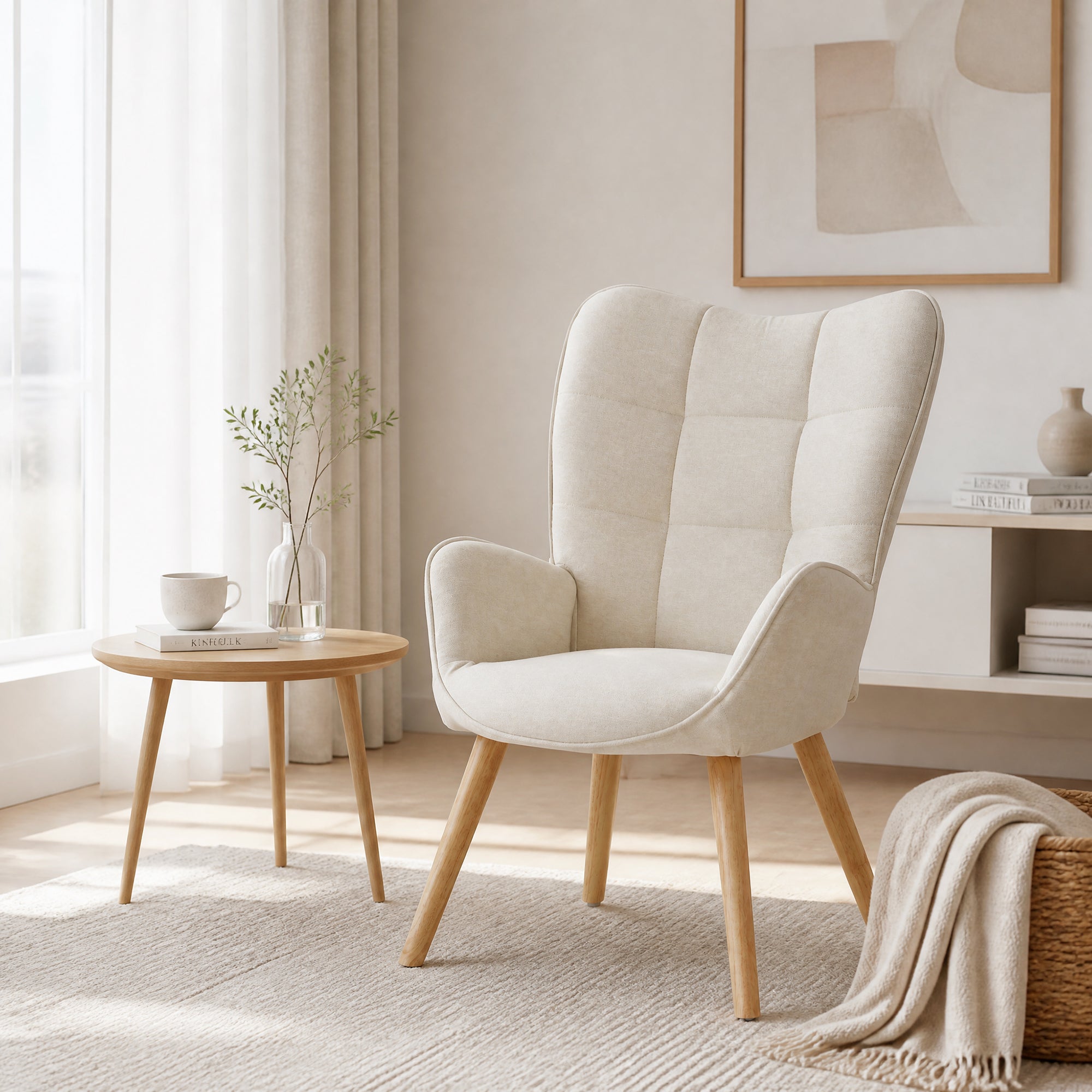 Homy Casa Kanas Beige Oak Leg Wingback Accent Chair
