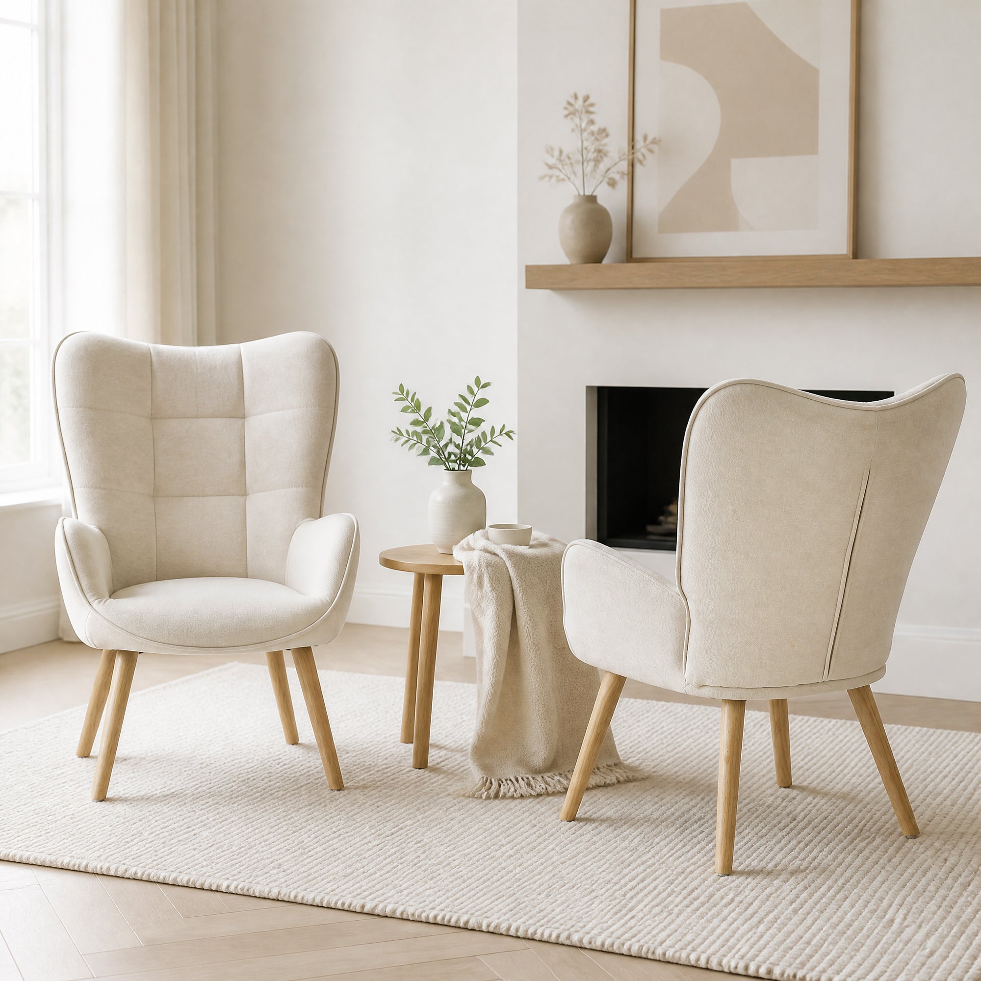 Homy Casa Kanas Beige Oak Leg Wingback Accent Chair