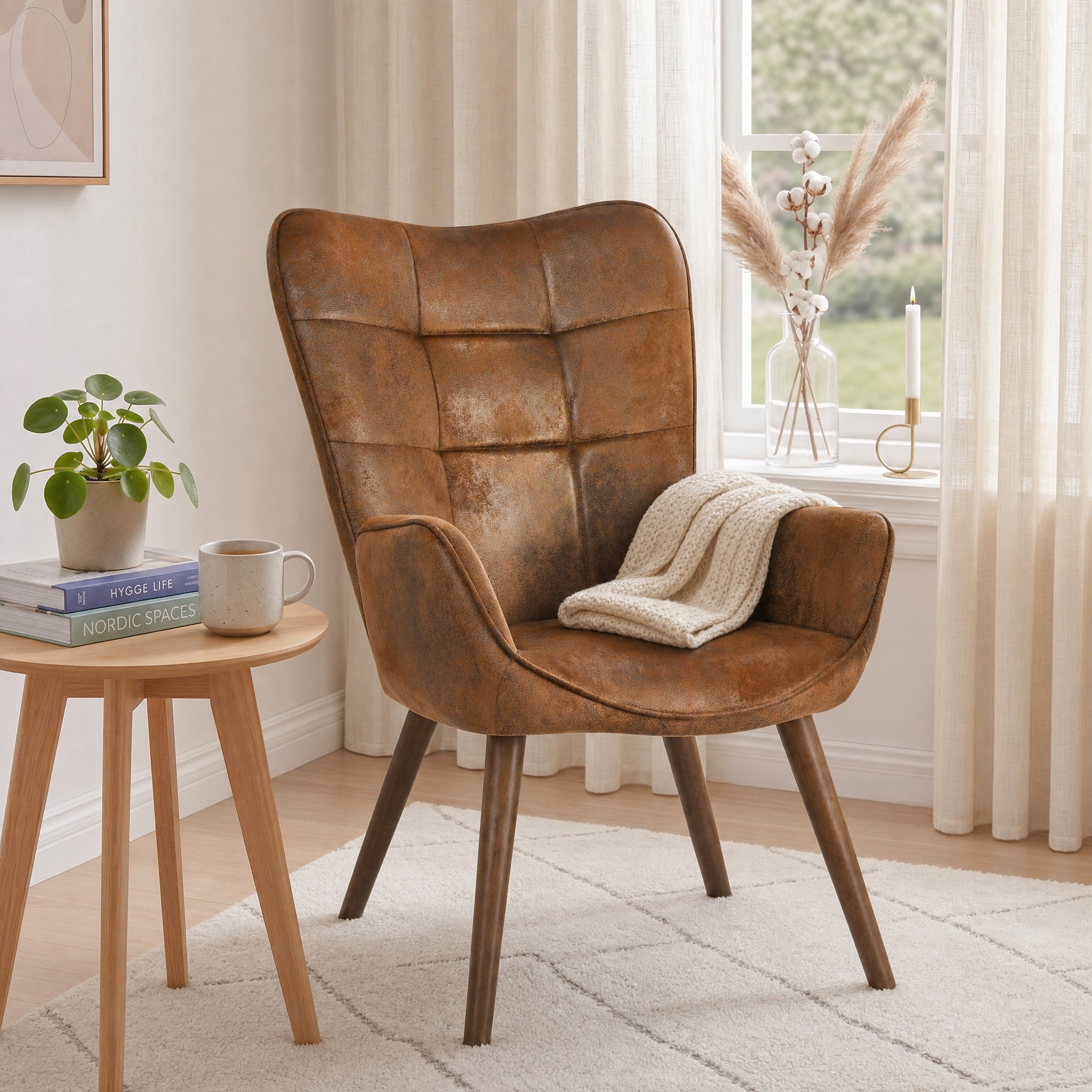 Homy Casa Kanas Suede Walnut Leg Wingback Accent Chair