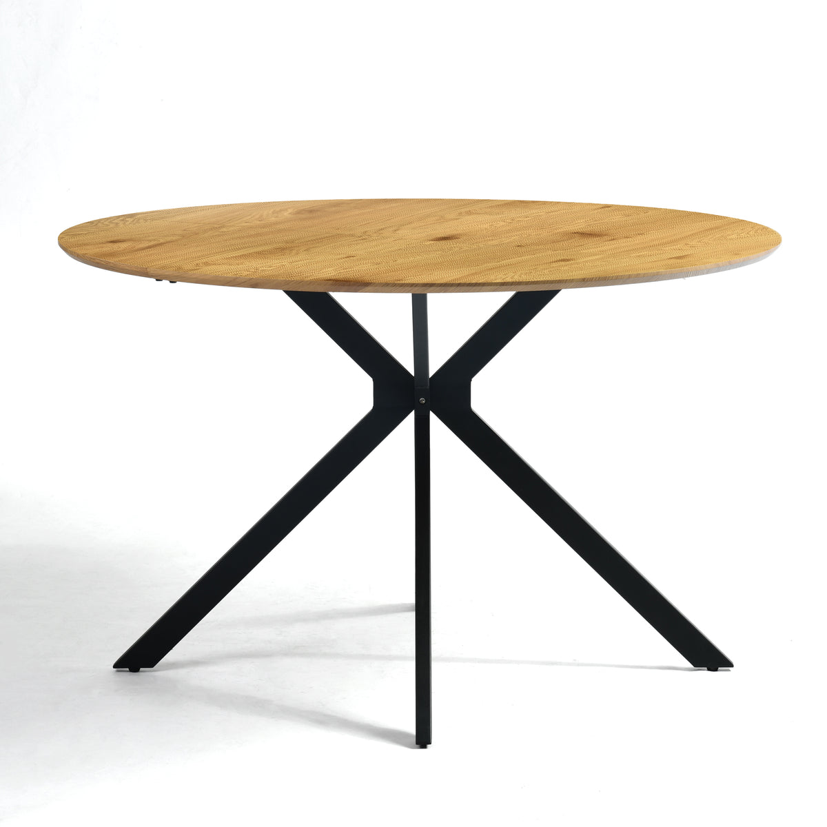 Kova 47" Round Dining Table with Textured Wood-Grain Top and Angled Metal Base