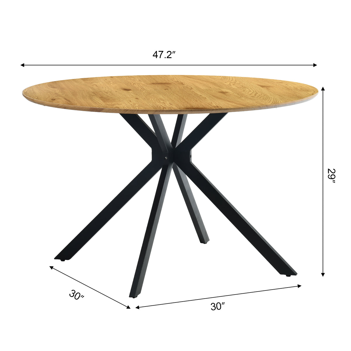 Kova 47" Round Dining Table with Textured Wood-Grain Top and Angled Metal Base