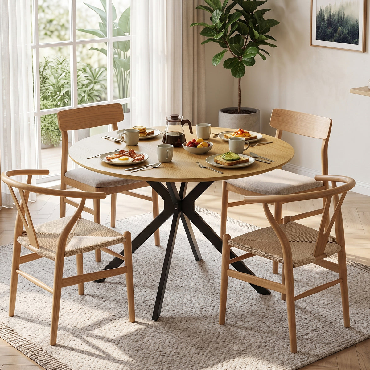 Kova 47" Round Dining Table with Textured Wood-Grain Top and Angled Metal Base