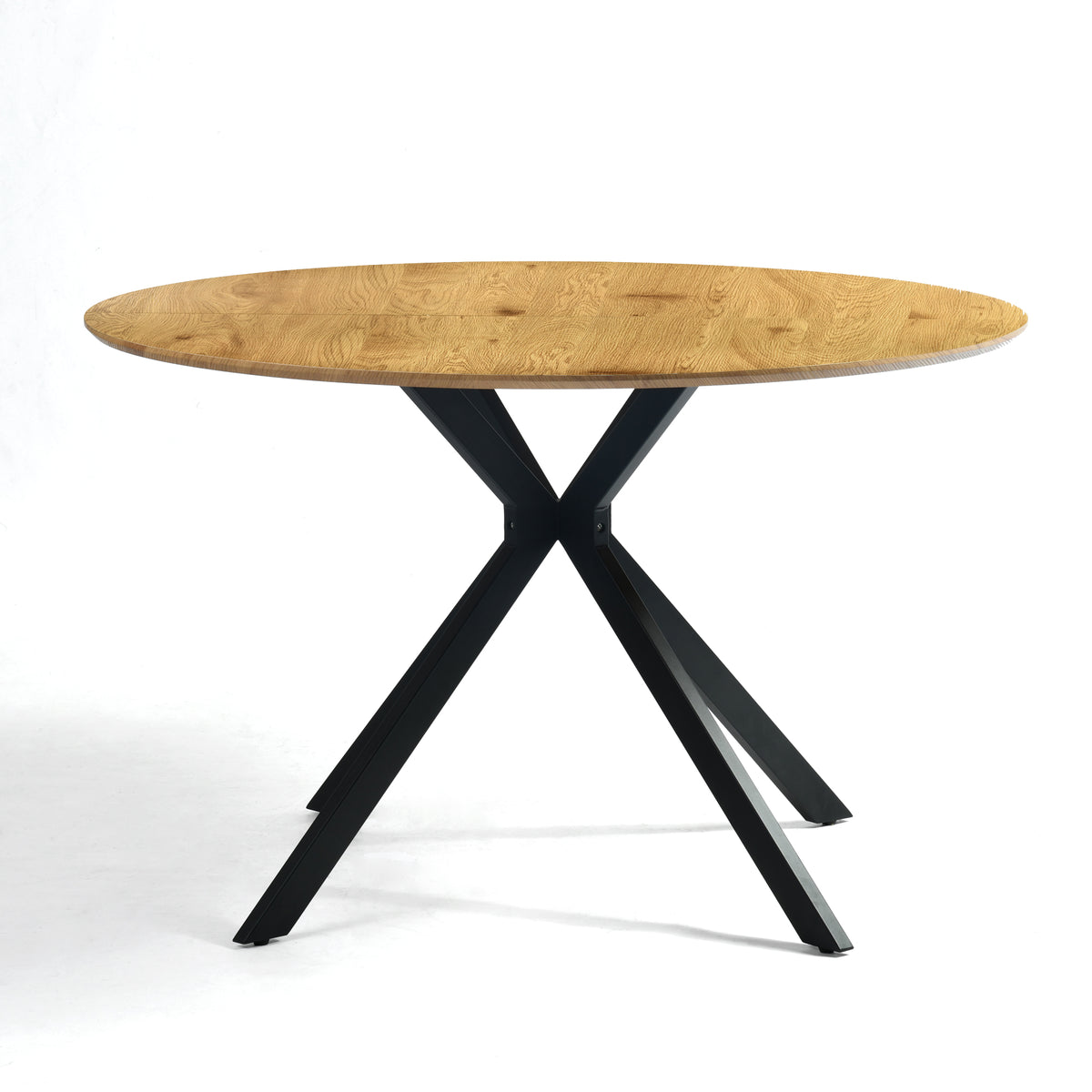 Kova 47" Round Dining Table with Textured Wood-Grain Top and Angled Metal Base