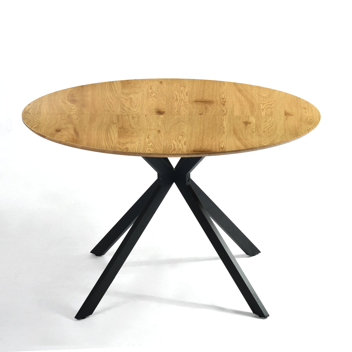 Kova 47" Round Dining Table with Textured Wood-Grain Top and Angled Metal Base