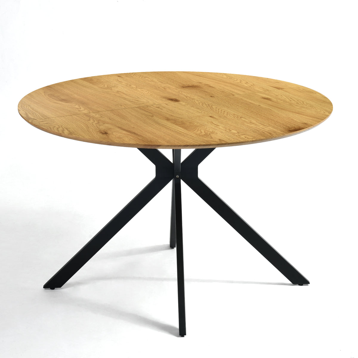 Kova 47" Round Dining Table with Textured Wood-Grain Top and Angled Metal Base