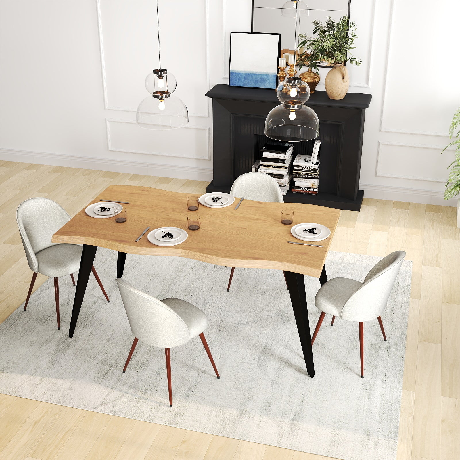 Homy Casa Lancelot 5PC Dining Set 63” Oak Table with 6 Haven Beige Upholstered Chairs