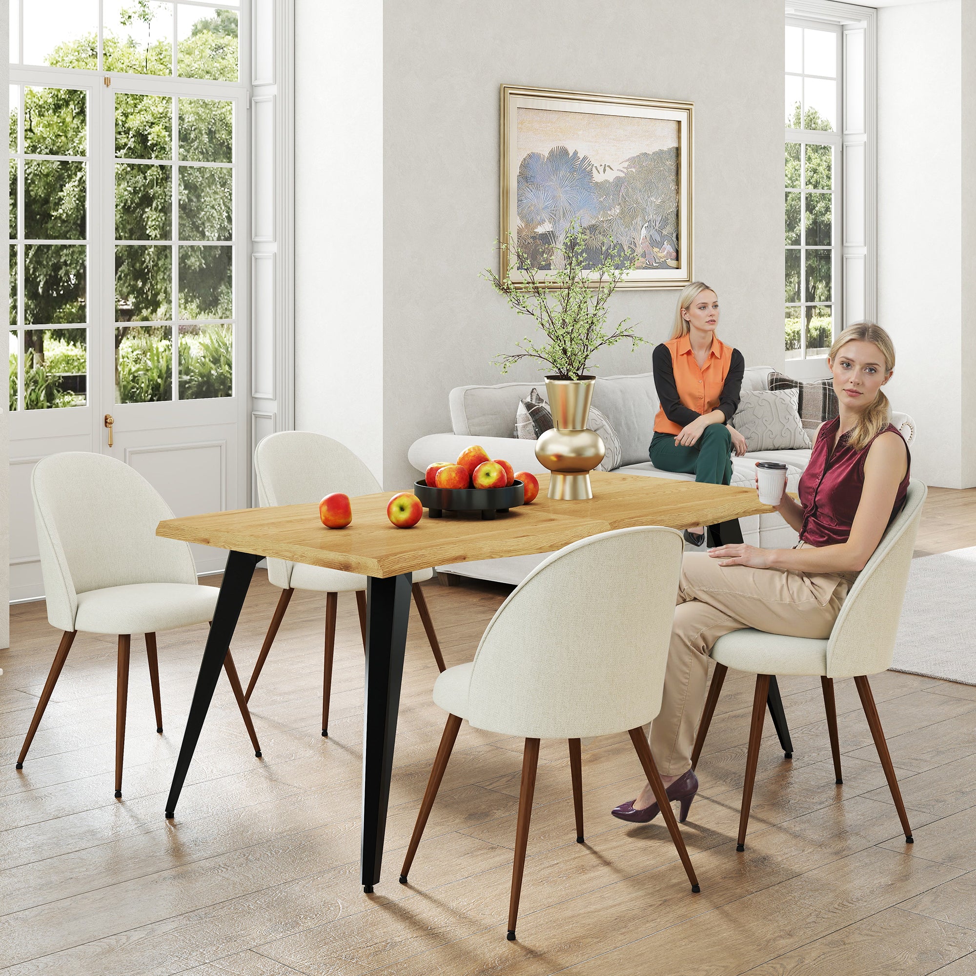 Homy Casa Lancelot 5PC Dining Set 63” Oak Table with 6 Haven Beige Upholstered Chairs