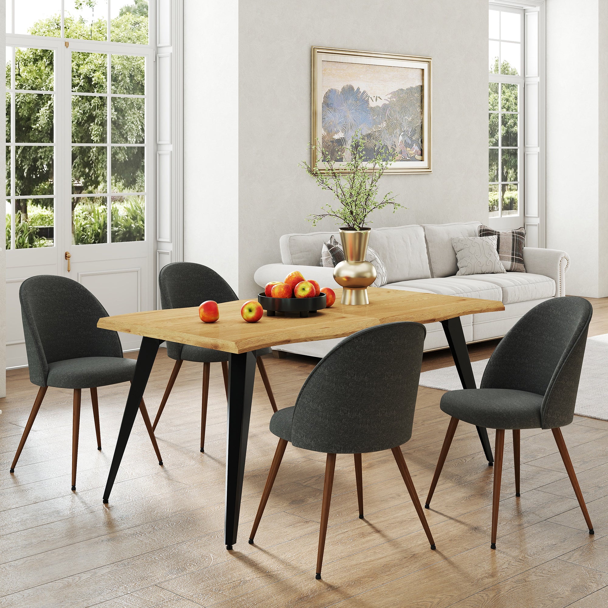 Homy Casa LANCELOT+HAVEN 5PC Dining Set 63" Table with 4 Haven Grey Fabric Chairs Walnut Legs