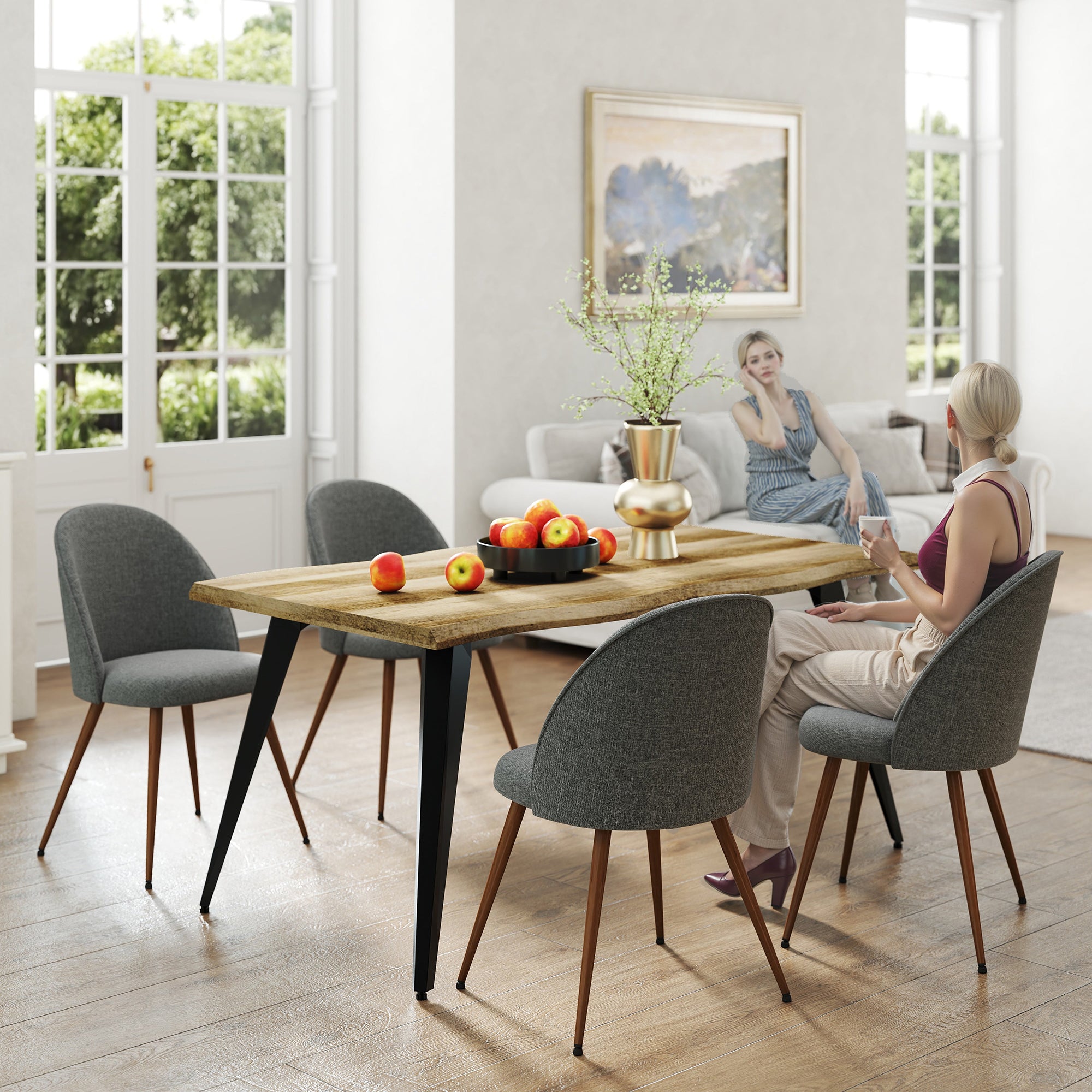 Homy Casa LANCELOT+HAVEN 5PC Dining Set 63"  Walnut Table with 4 Haven Grey Fabric Chairs