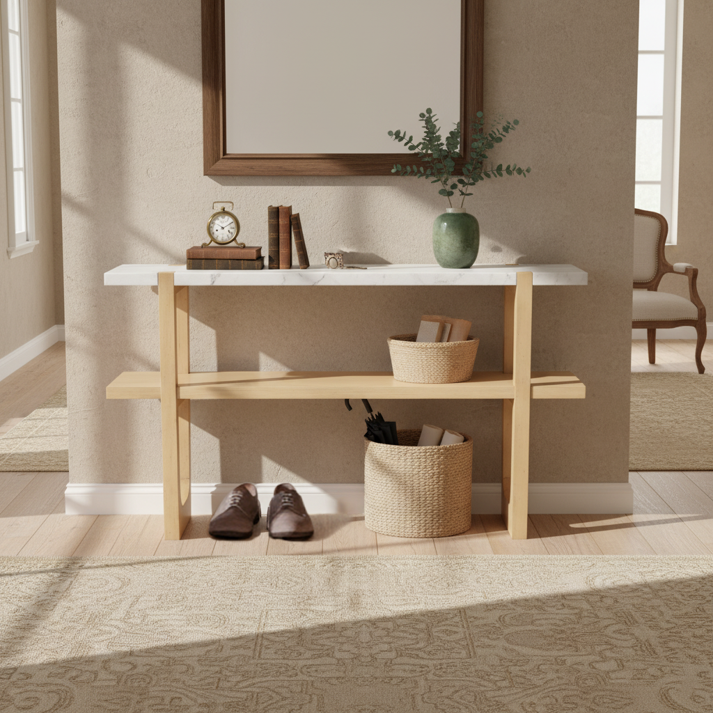 Ravenna Console Table Narrow Entryway Table with Open Shelf, Natural