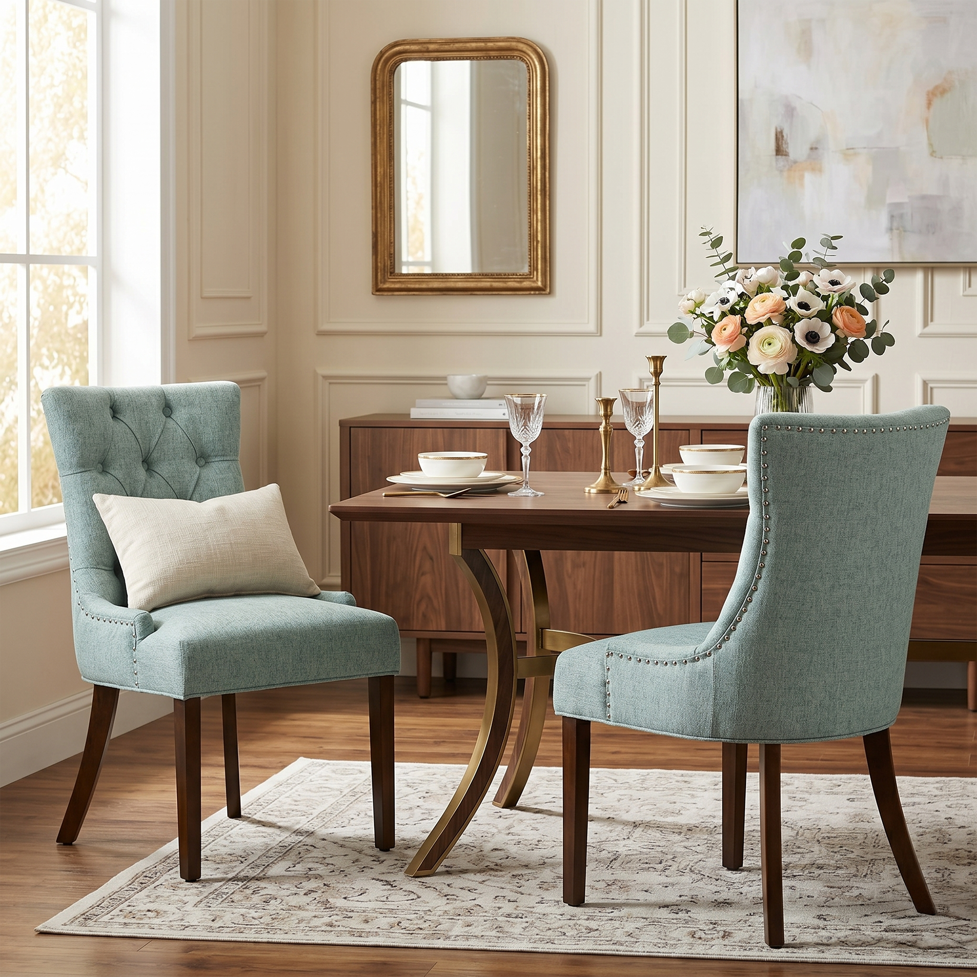 NUTTON Upholstered Tufted Back Dining Chair Set of 2 with Curved Legs