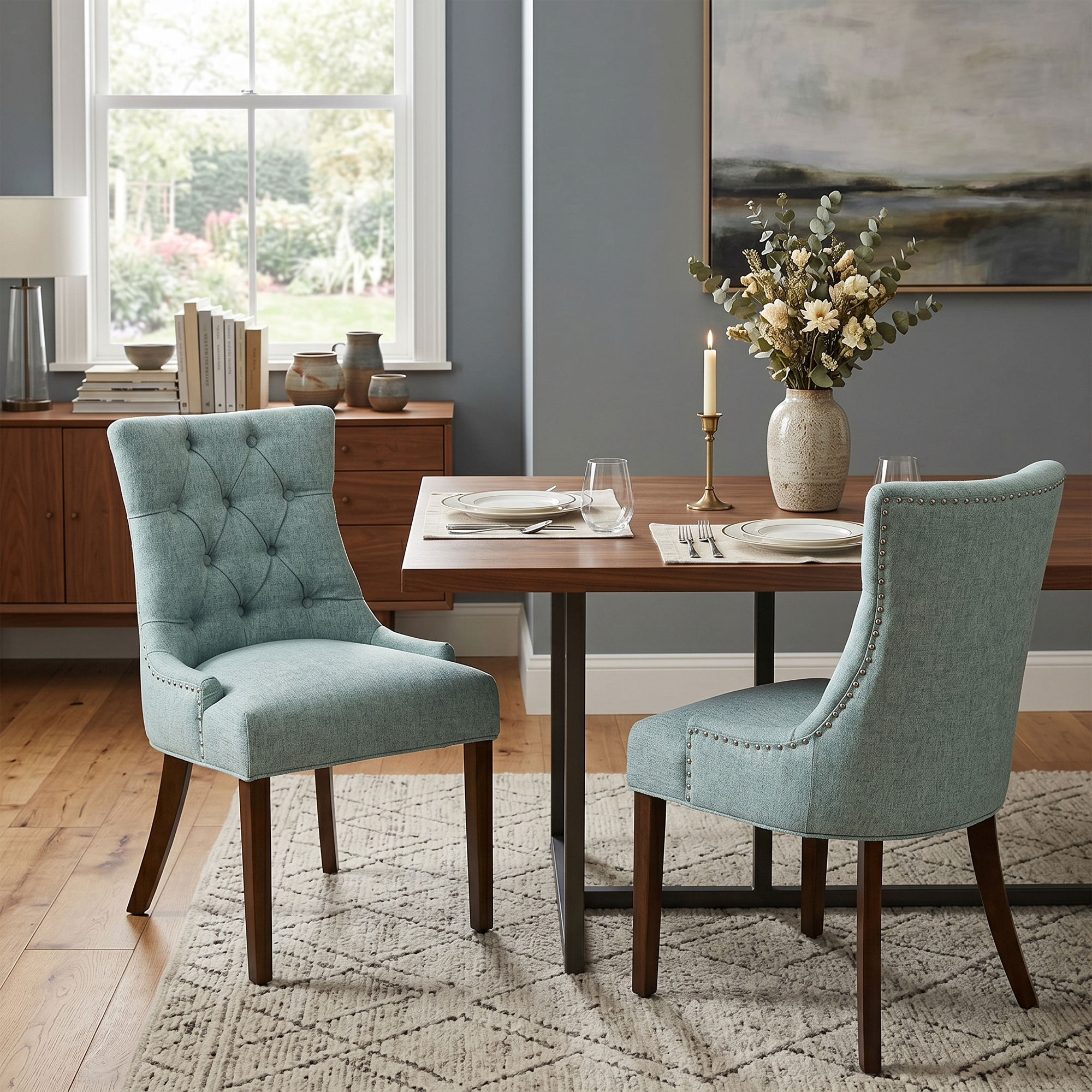 NUTTON Upholstered Tufted Back Dining Chair Set of 2 with Curved Legs