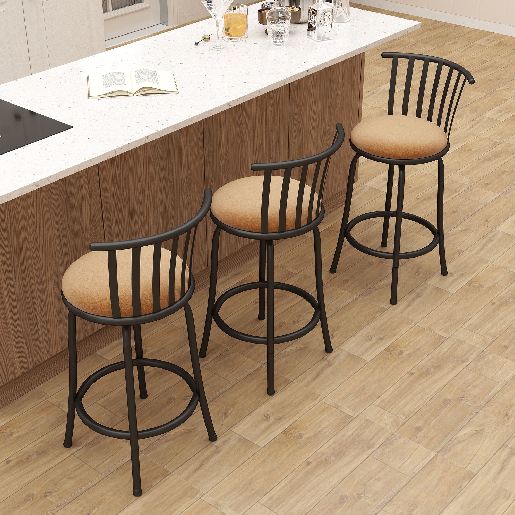 Homy Casa PISTIL 24" Swivel Counter Stool Set of 3, Brown Suede Upholstery with Black Metal Frame, Open Box