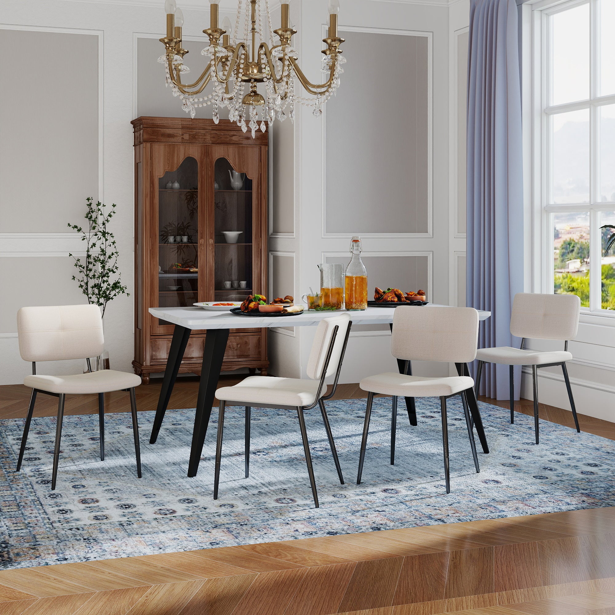 Stan 5 Piece White & Pomona Upholstered Dining Set