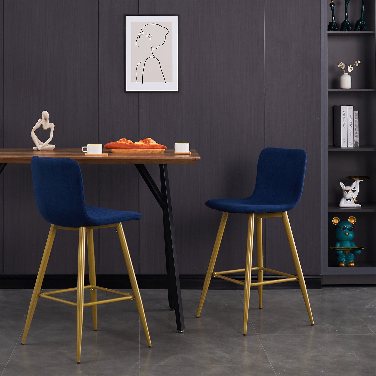 Homy Casa SCARGILL COUNTER 26" Navy Blue Bar Stool with Gold Legs for Kitchen Island or Bar Open Box