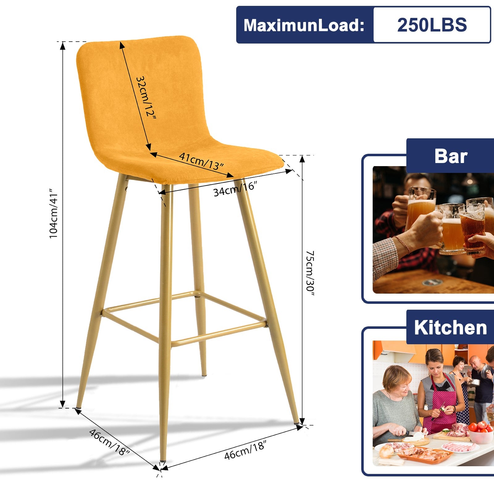 Homy Casa Scargill 30" Terry Fabric Bar Stool, Yellow,Open Box