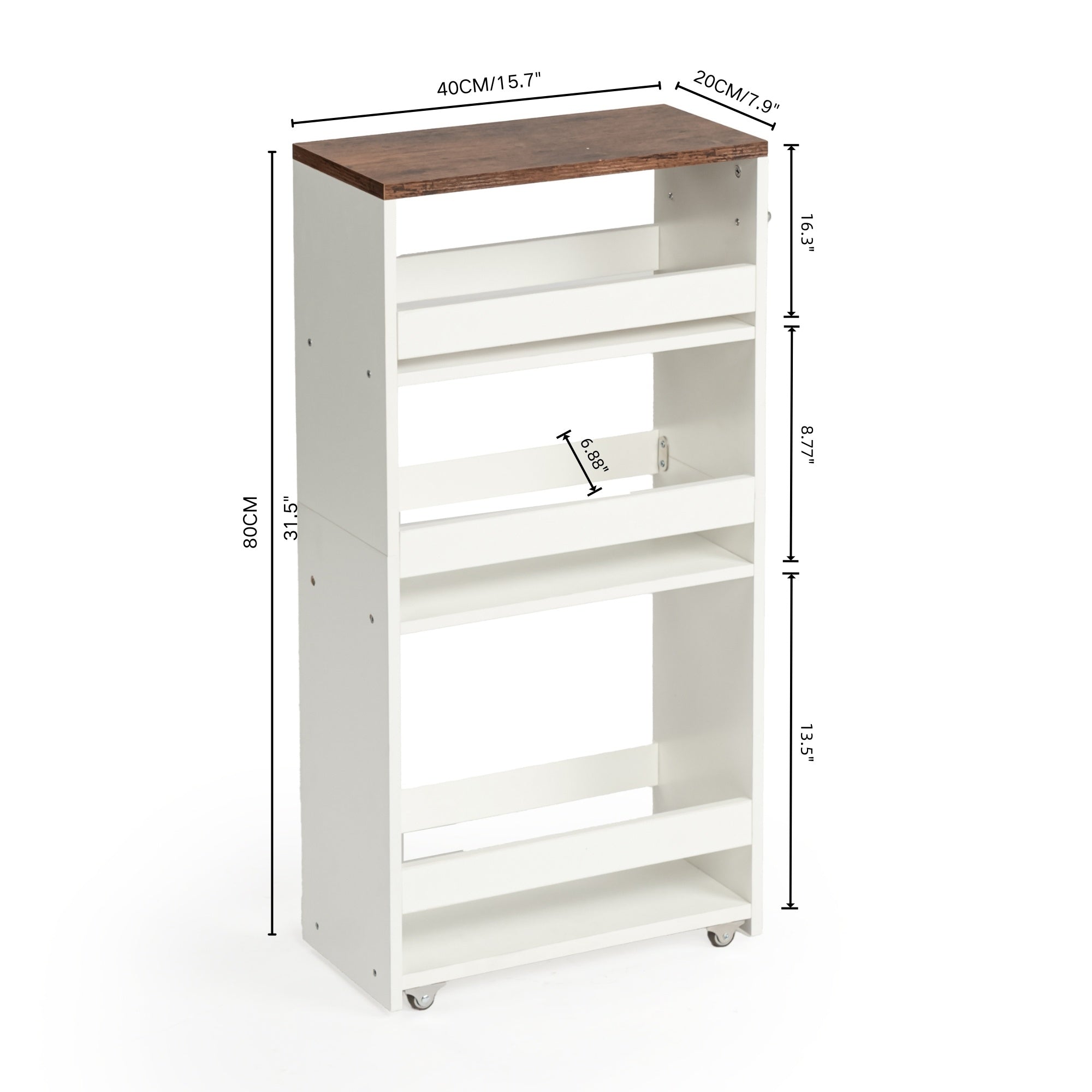 Homy Casa Skan 8" Narrow Modern Rolling Kitchen Storage Cart with Shelves & Drawers