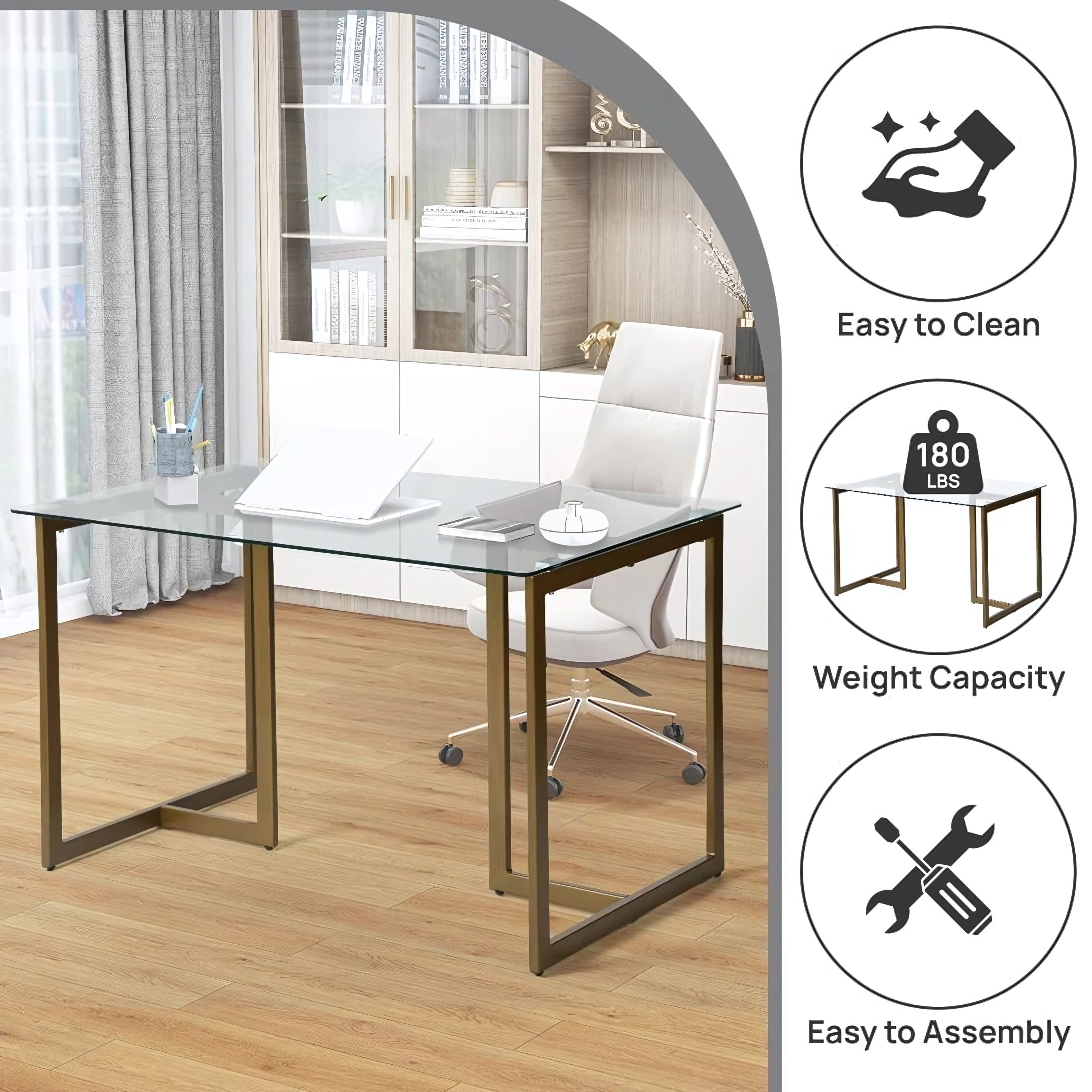 Homy Casa Slip Clear Glass 47"Modern Tempered Glass Dining Table with Golden Base,Open Box