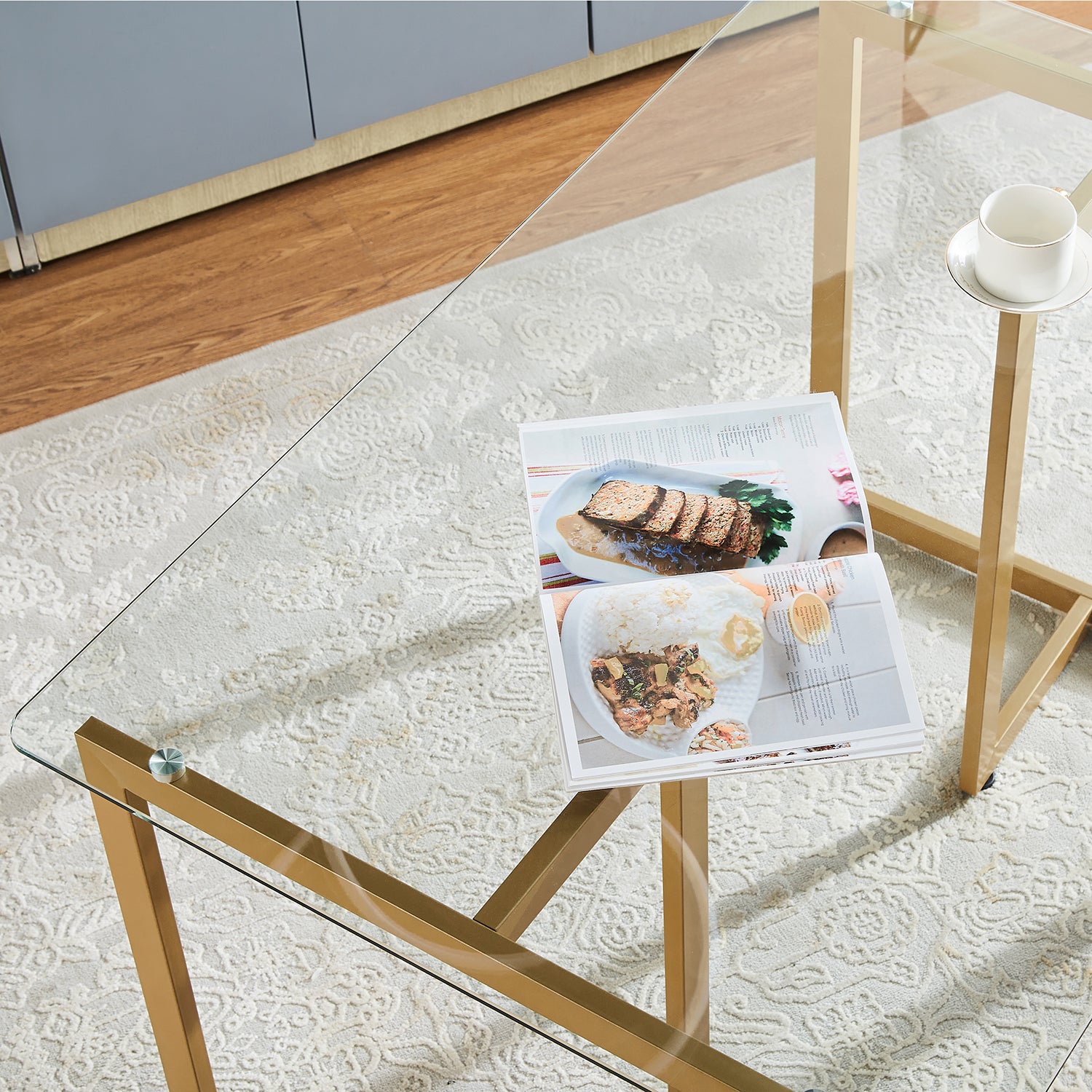 Homy Casa Slip 5PC Gold Glass Dining Set 47" Clear Tempered Glass Table with 4 Sunflower Swivel Chairs Beige Open Box