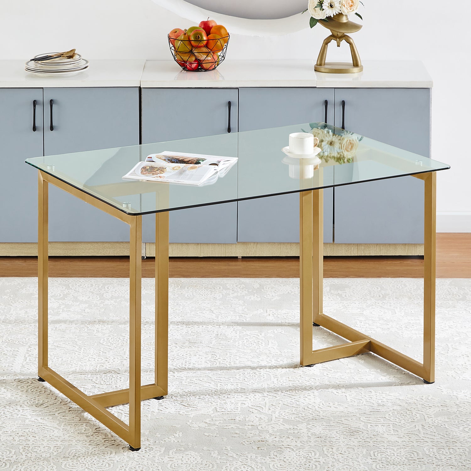 Homy Casa Slip Clear Glass 47"Modern Tempered Glass Dining Table with Golden Base,Open Box