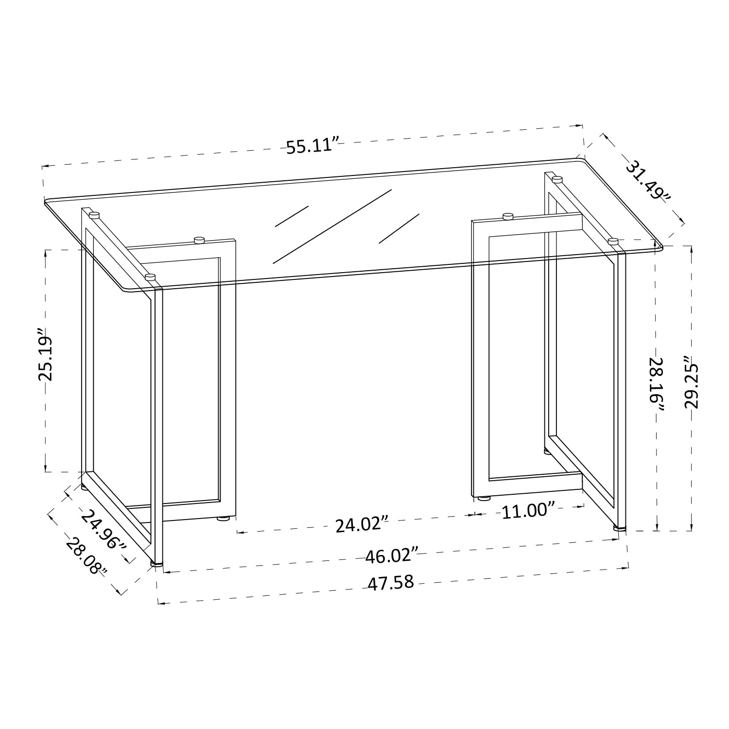 Homy Casa SLIP GLASS GOLD LEG Dining Table "55.1" x 31.5" x 29.5" for Dining and Workspace Open Box