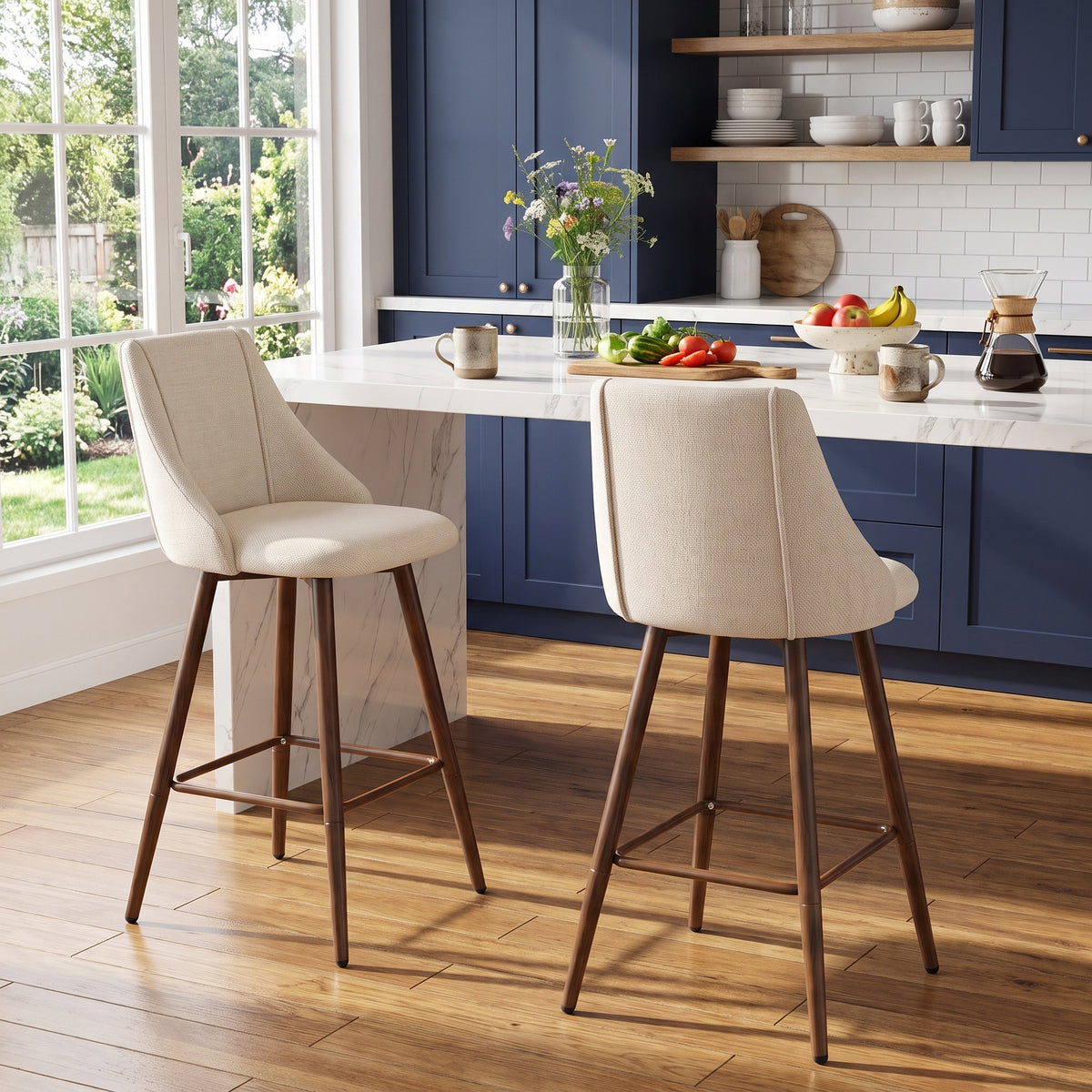 Smeg 26" Upholstered Swivel Counter Stools with Walnut-Tone Metal Legs Set of 2