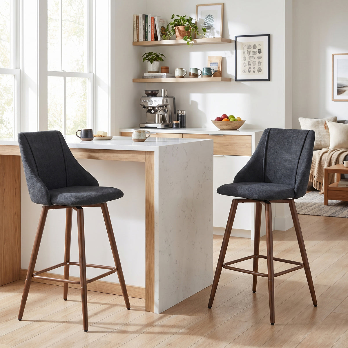 Smeg 26" Upholstered Swivel Counter Stools with Walnut-Tone Metal Legs Set of 2