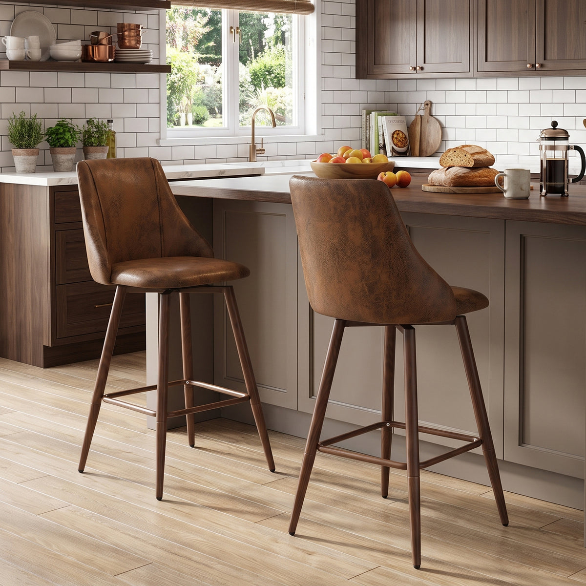 Smeg 26" Upholstered Swivel Counter Stools with Walnut-Tone Metal Legs Set of 2