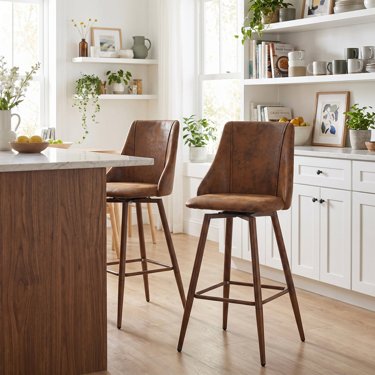 Smeg 26" Upholstered Swivel Counter Stools with Walnut-Tone Metal Legs Set of 2