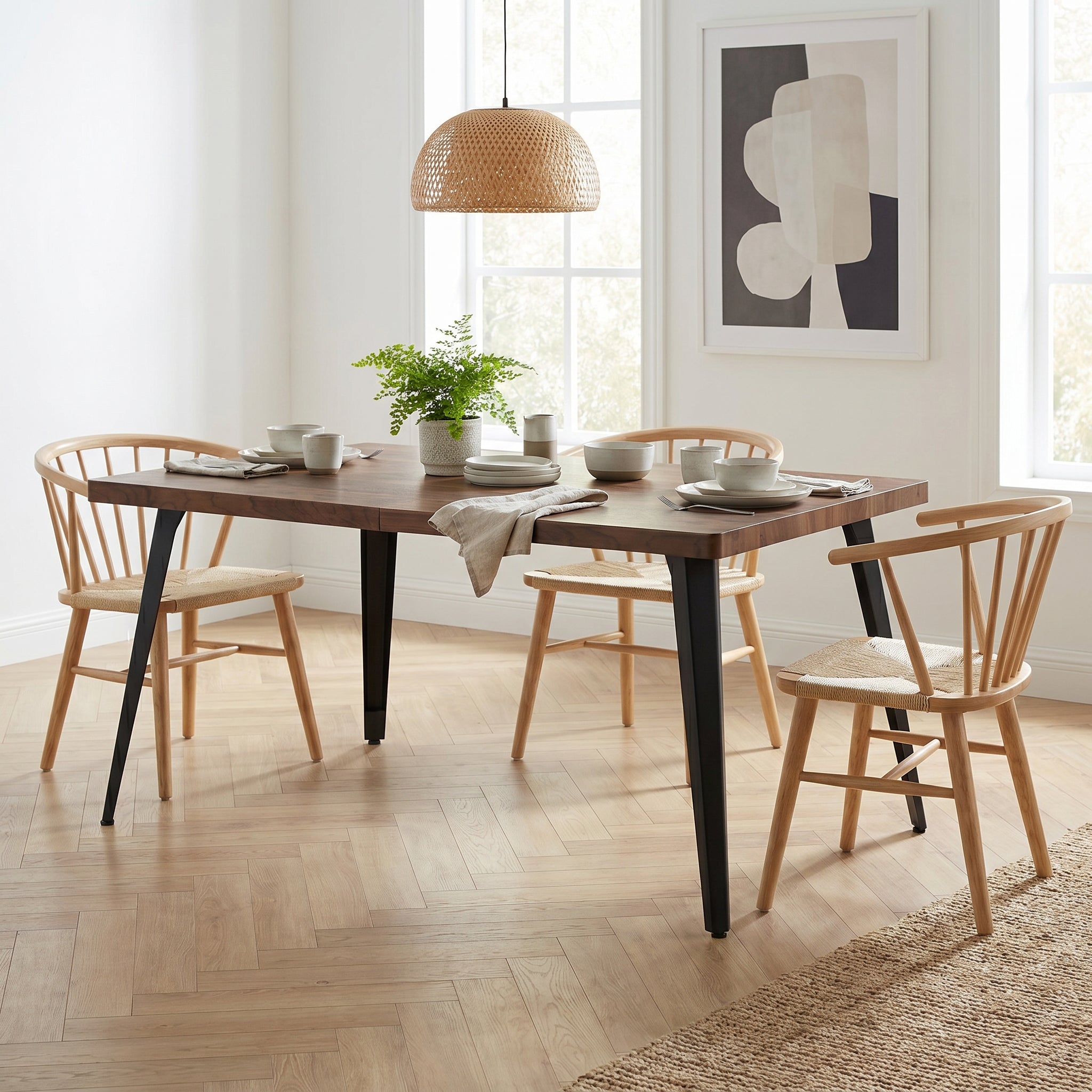Stan 63” Rectangular Dining Table with Wood Top & Black Metal Legs