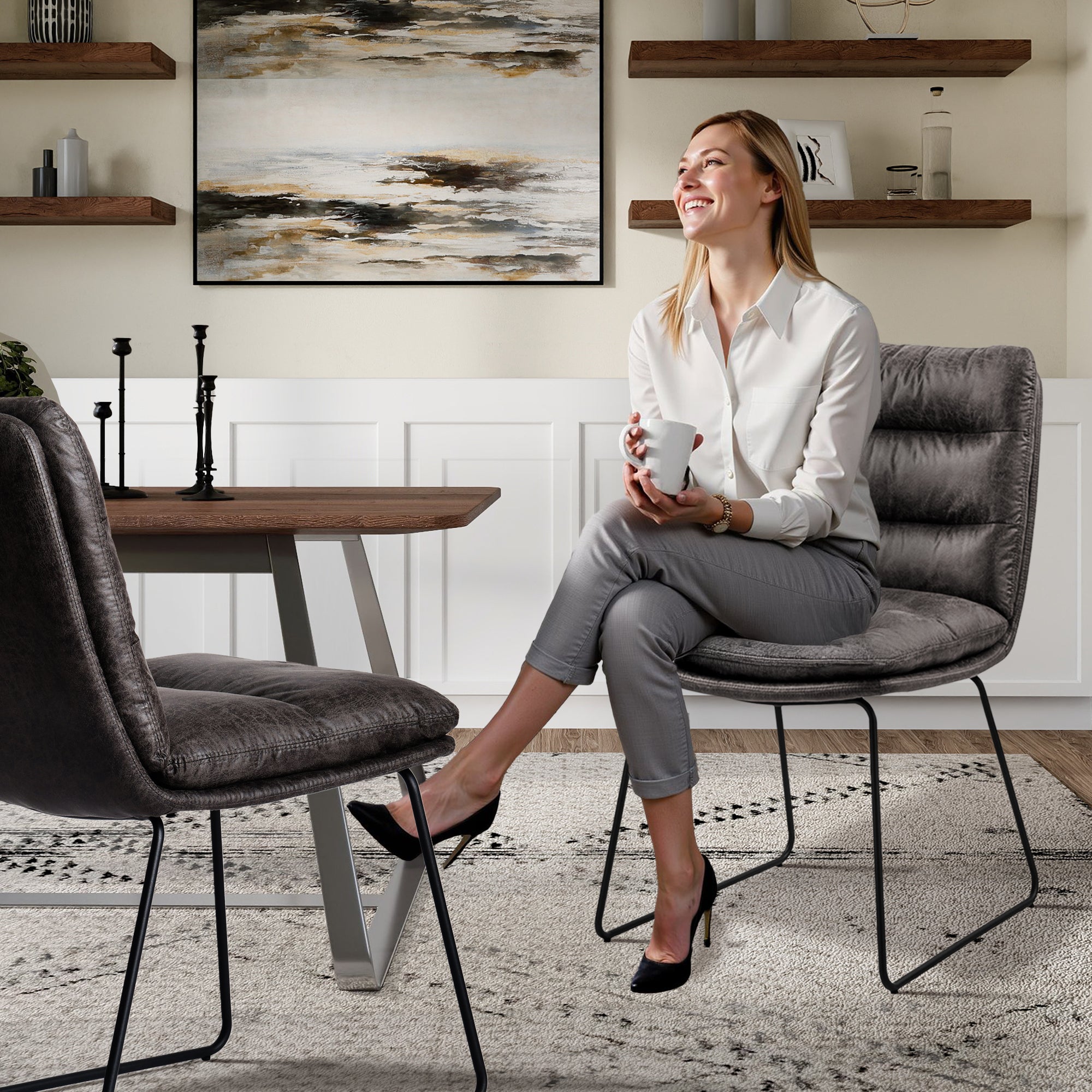 Homy Casa STEFFEN 2PC Modern Fabric Dining Chair with Metal Legs, Grey,Open Box