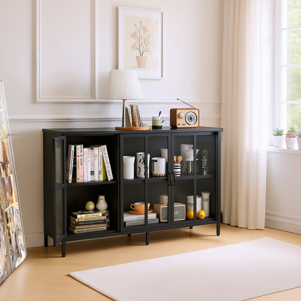 Andes Glass Doors Sideboard Storage Cabinet, Black