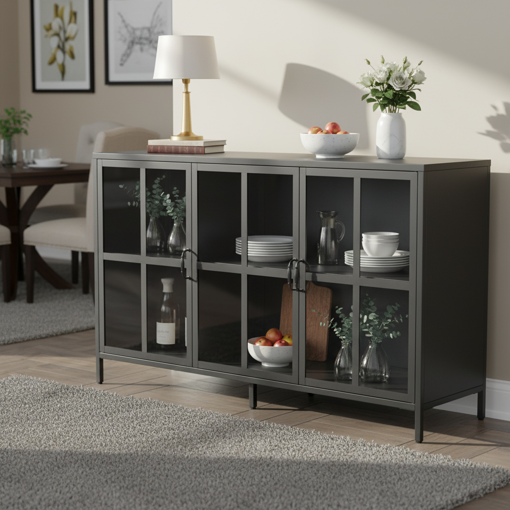 Andes Glass Doors Sideboard Storage Cabinet, Black