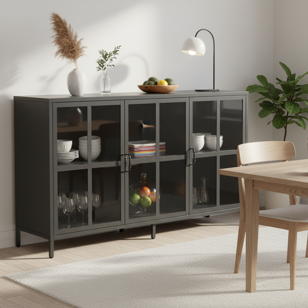 Andes Glass Doors Sideboard Storage Cabinet, Black