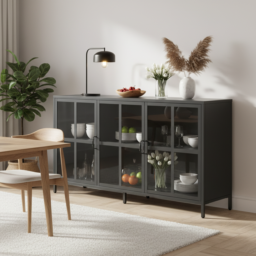 Andes Glass Doors Sideboard Storage Cabinet, Black