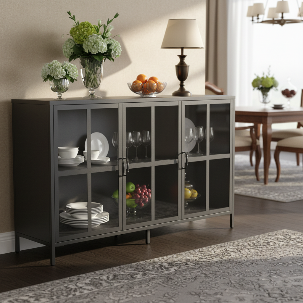 Andes Glass Doors Sideboard Storage Cabinet, Black