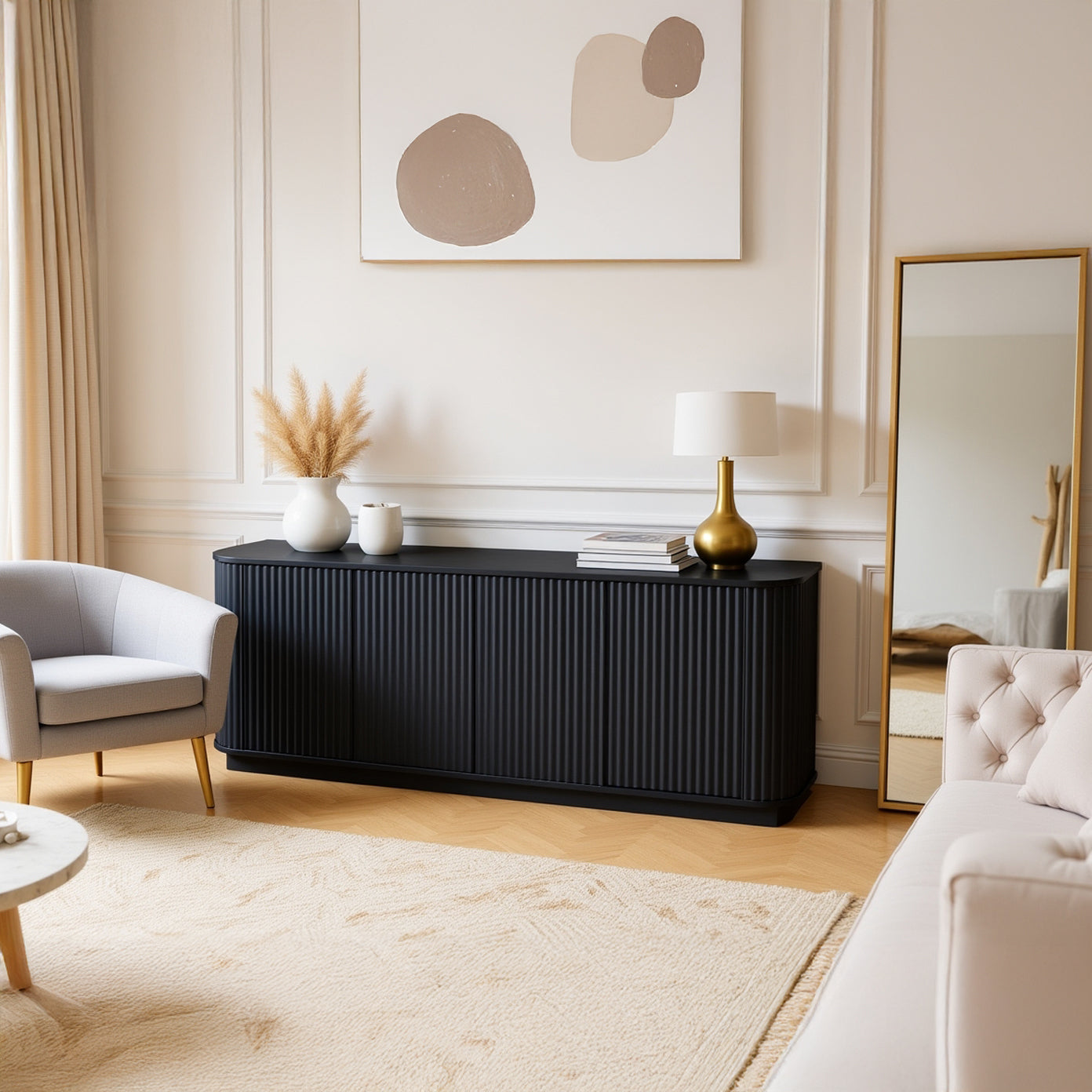 Kyoto Sideboard TV Cabinet with Fluted Doors & Drawers, Black