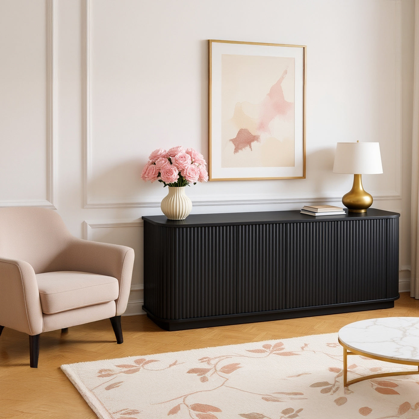 Kyoto Sideboard TV Cabinet with Fluted Doors & Drawers, Black