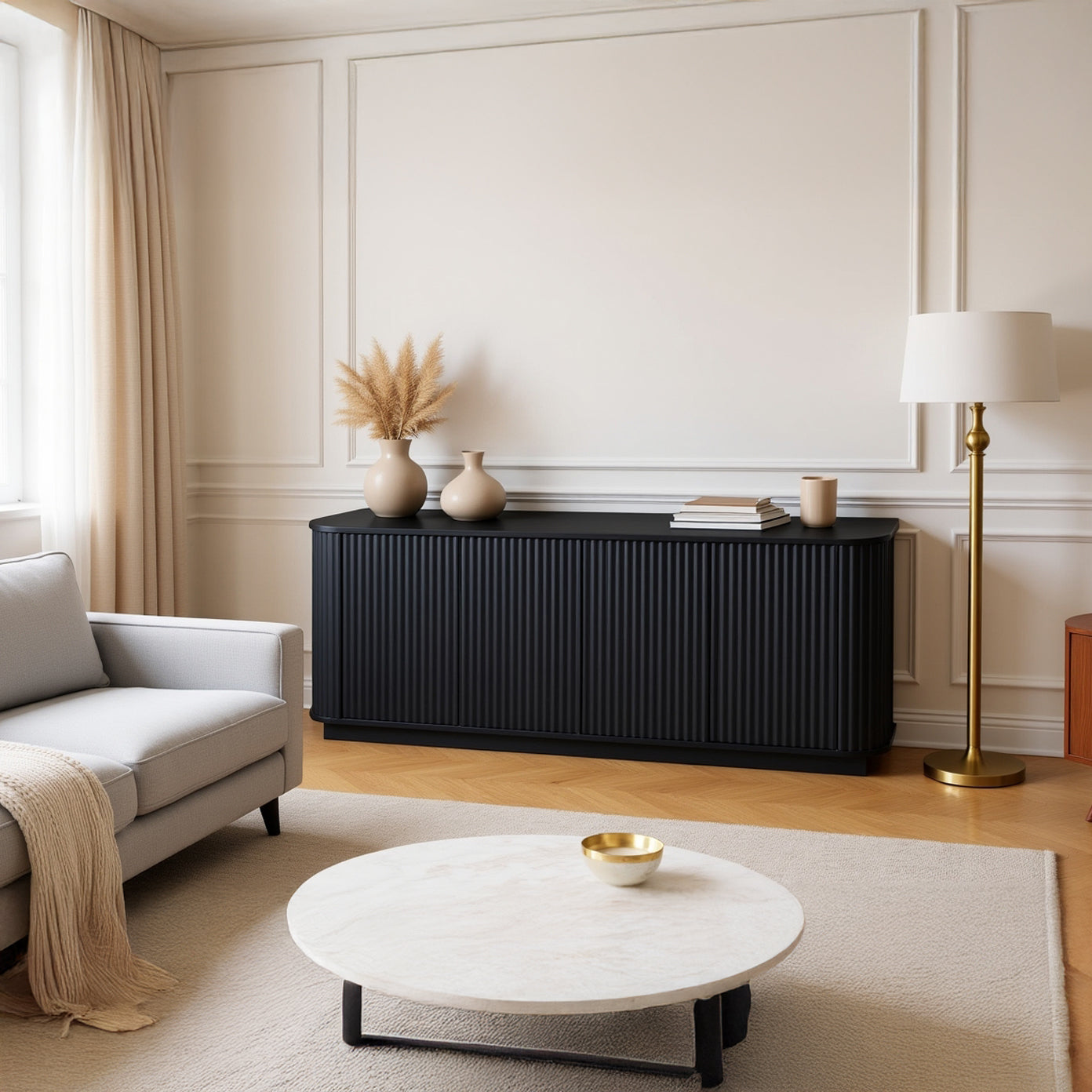Kyoto Sideboard TV Cabinet with Fluted Doors & Drawers, Black