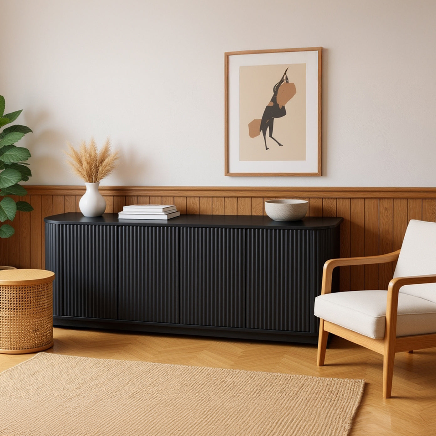 Kyoto Sideboard TV Cabinet with Fluted Doors & Drawers, Black